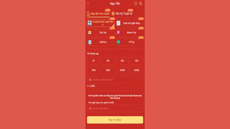 Chỉ bạn cách nạp tiền 68WIN thông qua tài khoản ngân hàng
